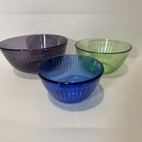 Vintage Pyrex Ribbed Glass Nesting Bowl Set (3) - Blue, Green, Purple - Picture 2 of 6
